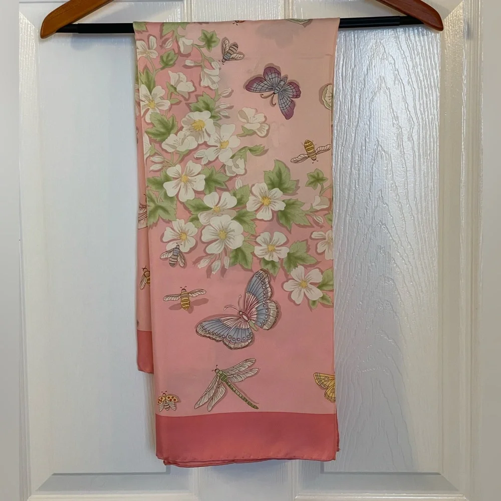 Beautiful scarf - Butterflies, dragonflies, & florals on a pink background